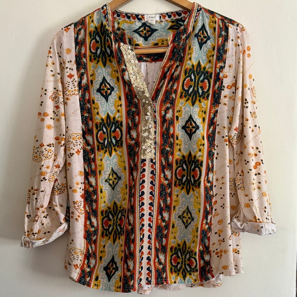 TINY | Anthropologie Devas Sequin Detail Popover Mixed Print Boho Blouse Medium